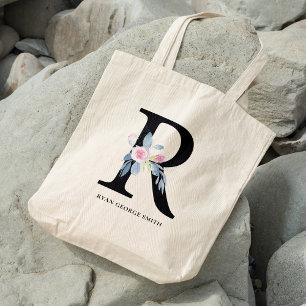 TOTE BAG ALPHABÈTES FLORAUX BLEUS DOUX NOM LETTRE R