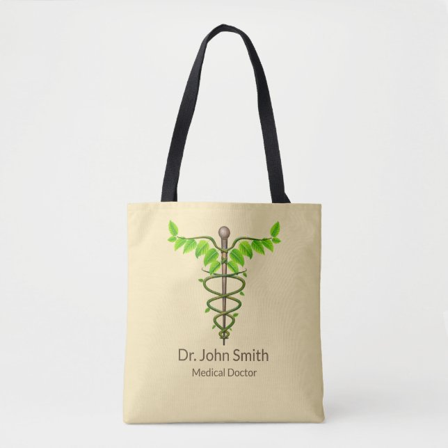 Tote Bag Alternative Médicale Caduceus Vert Feuilles Beige (Devant)