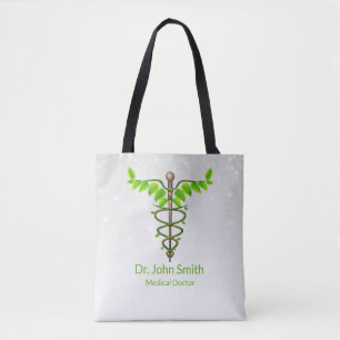 Tote Bag Alternative Médicale Caduceus Vert Feuilles Blanc
