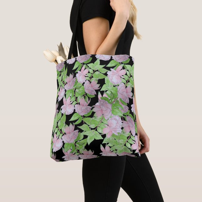 Tote Bag amas de jolies fleurs roses et feuilles florales (De près)