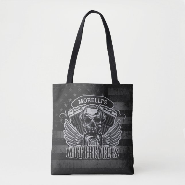 Tote Bag American Biker AJOUTER LE NOM Skull V-Twin Motos (Devant)