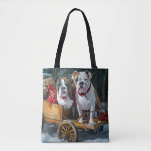 Tote Bag American Staffordshire enneigé traîneau de Noël 
