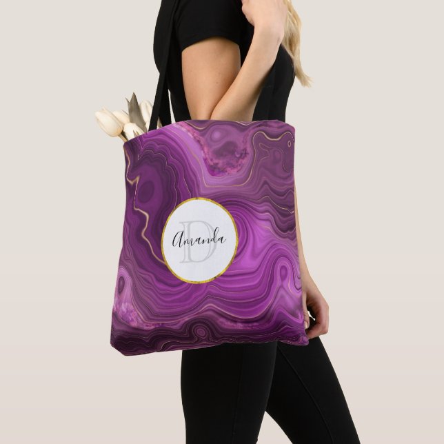 Tote Bag Améthyste Violet Et Monogramme D'Agate Abstrait Or (De près)
