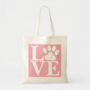 Tote Bag Amour Blanc Motif de Pattes de Chien sur Rose Pâle