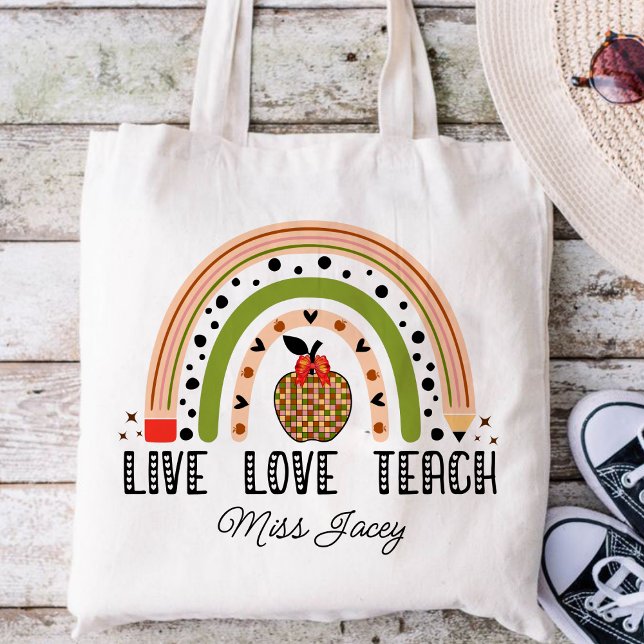 Tote Bag Amour Enseigner Inspirer Rainbow Appréciation de l (LIVE LOVE TEACH RAINBOW Personalized Name Teacher tote bag, teacher gift, teacher appreciation )