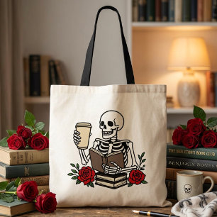 Tote Bag Amusant squelette amateur de livres à fleurs rouge