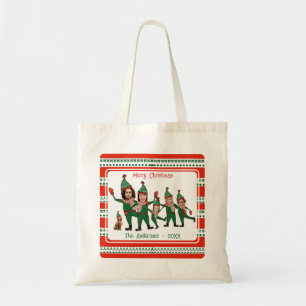 Tote Bag Amusante famille d'elfes Six Chien Rouge Vert Noël