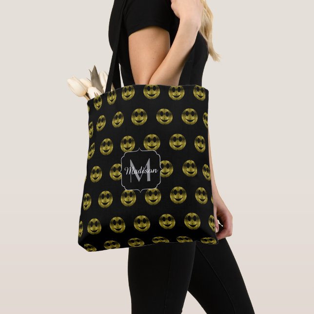 Tote Bag Amusants or noir sourires pois motif Monogramme (De près)