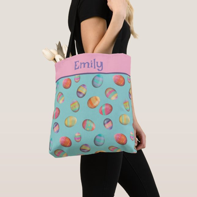 Tote Bag Amusants Pastel Oeuf de Pâques Nom personnalisé (De près)