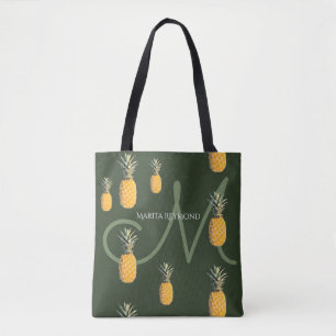 Tote Bag ananas avec nom et initiale sur vert foncé