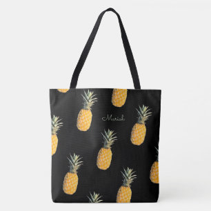 Tote Bag Ananas avec votre nom sur noir