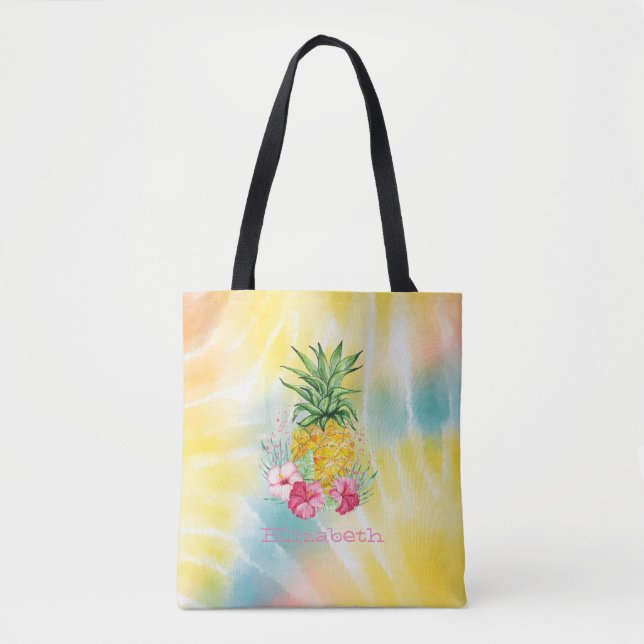 Tote Bag Ananas, Hibiscus aquarelle Rainbow Tie Dye (Devant)