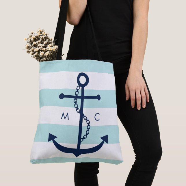 Tote Bag Ancre bleu monogramme sur les pinces (De près)