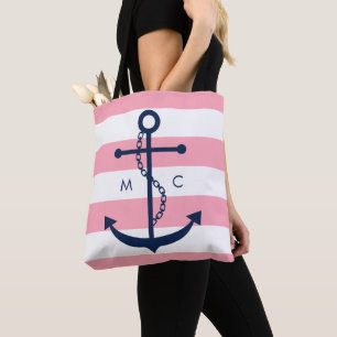 Tote Bag Ancre bleu monogramme sur les rayures roses