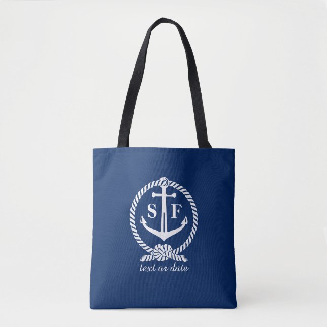 Tote Bag Ancre bleue et blanche marine Monogramme Personnal (Devant)