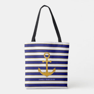 Tote Bag Ancre dorée élégante sur fond rayé bleu et blanc