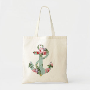 Tote Bag Ancre florale verte rose rouge vintage de motif