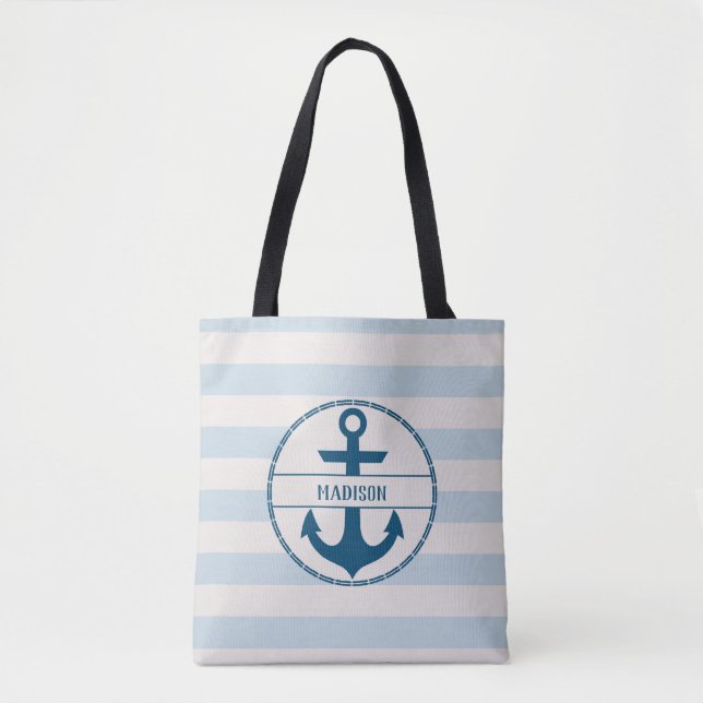 Tote Bag Ancre nautique Bleu Blanc Personnalisé (Devant)