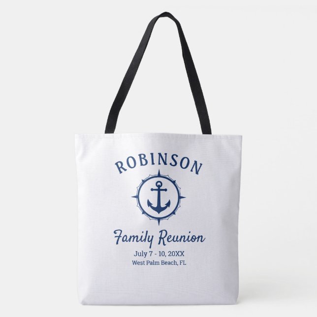 Tote Bag Ancre nautique Famille Réunion Marine Bleu & Blanc (Devant)
