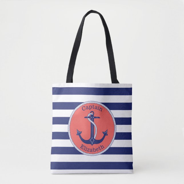 Tote Bag Ancre nautique Marine et corail Personnalisé (Devant)