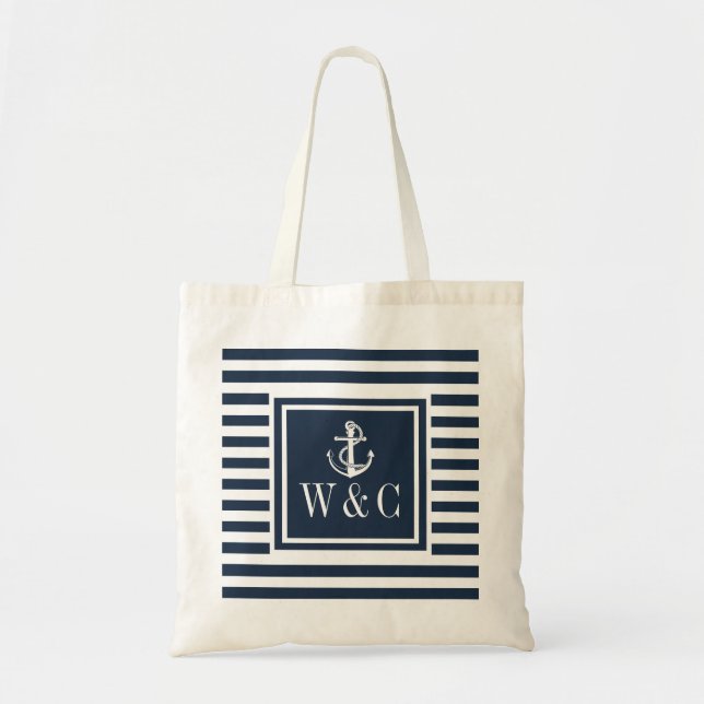 Tote Bag Ancre nautique Monogramme Marine Bleu Bleu (Devant)