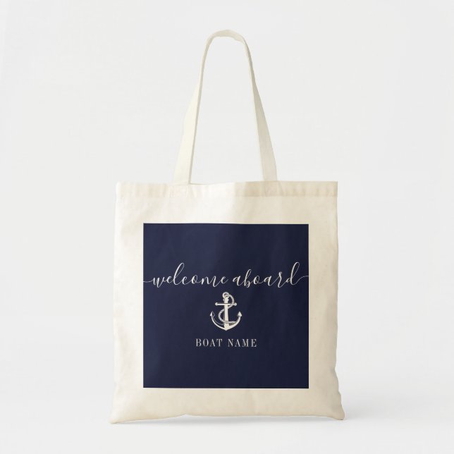 Tote Bag Ancre nautique Nom du bateau Marine Blue Welcome A (Devant)