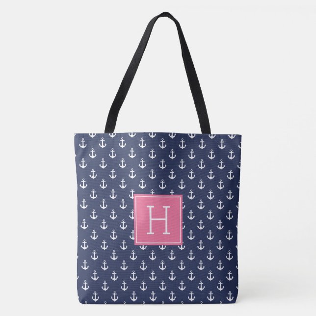 Tote Bag Ancres bleues Motif et Monogramme rose (Devant)
