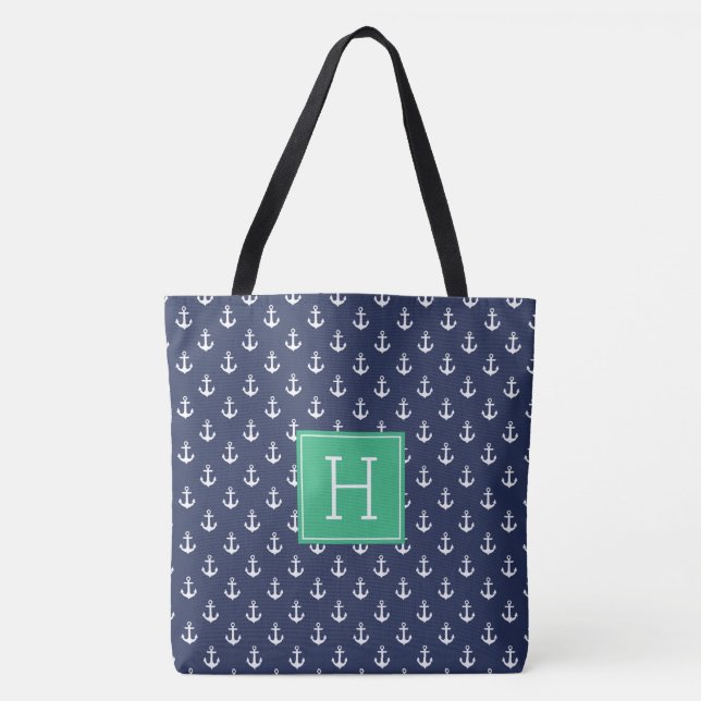 Tote Bag Ancres bleues Motif et Monogramme vert (Devant)