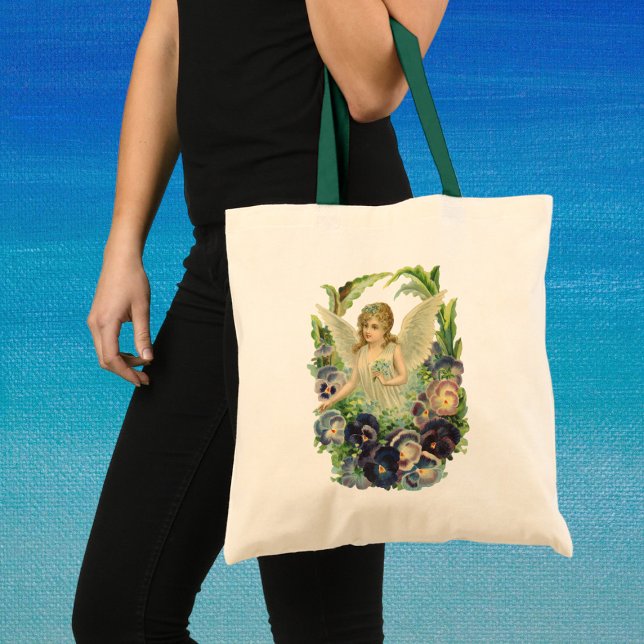 Tote Bag Ange de Pâques victorien avec Fleurs de Pansy Viol (Créateur téléchargé)