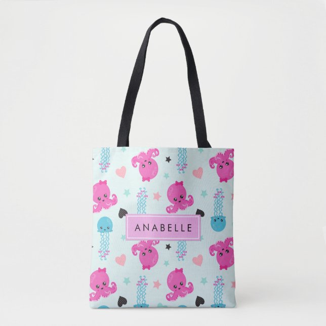 Tote Bag Animaux de mer, poulpe, méduse, Coeurs, Votre nom (Devant)