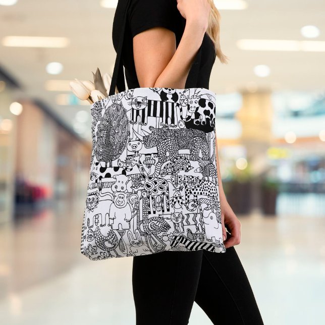 Tote Bag Animaux sauvages Art dessiné à la main noire et bl (Créateur téléchargé)