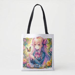 Tote Bag Anime Girl and Butterfly Watercolor Personnalisée