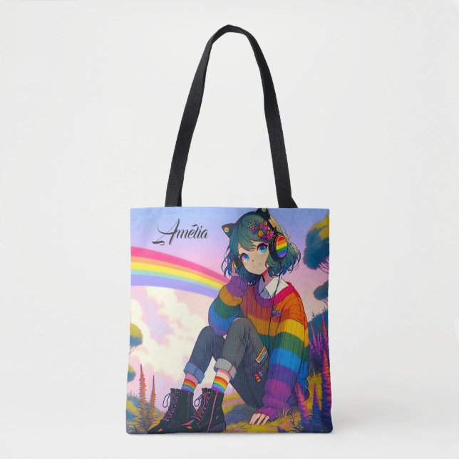 Tote Bag Anime Girl Rainbow Sweat personnalisé (Devant)
