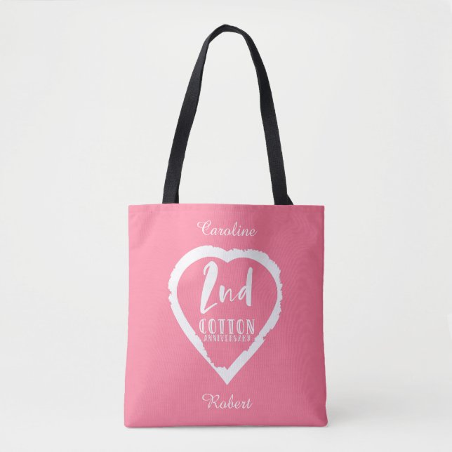Tote Bag Anniversaire du Mariage du 2e Coton du Coeur rose (Devant)