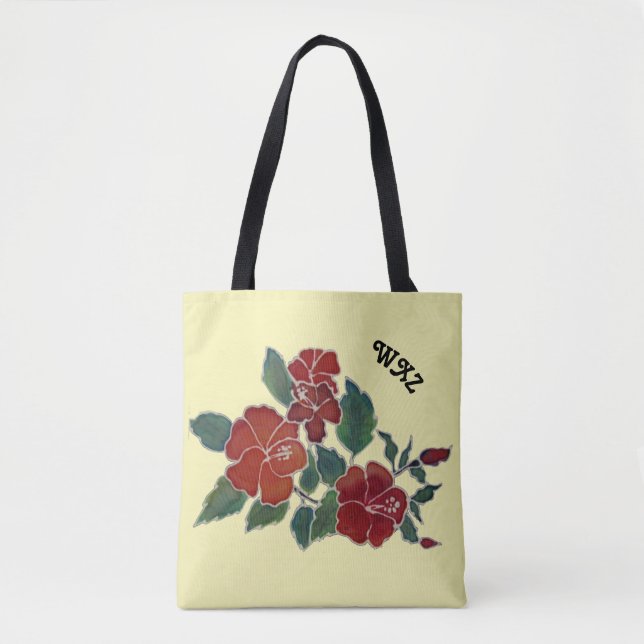 Tote Bag (ao) - Hibiscus Blossoms and Initals (Front)