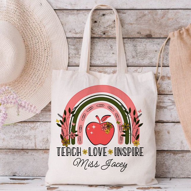 Tote Bag Appréciation de l'enseignant de l'arc-en-ciel (TEACH LOVE INSPIRE RAINBOW Personalized Name Teacher tote bag, teacher gift, teacher appreciation )