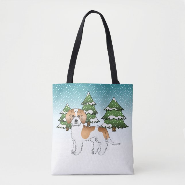 Tote Bag Apricot et blanc Mini Goldendoodle Forêt d'hiver (Devant)