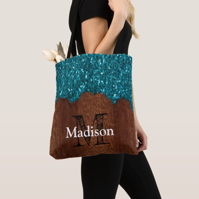 Tote Bag Aqua bleu étincelle bois brun rustique Monogramme (De près)