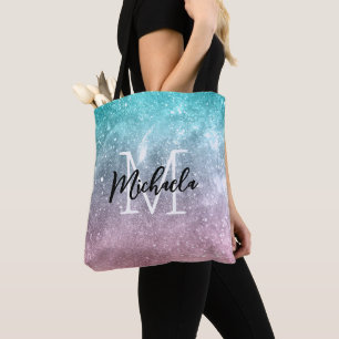 Tote Bag Aqua bleu Rose ombré mer galaxie abstrait Monogram