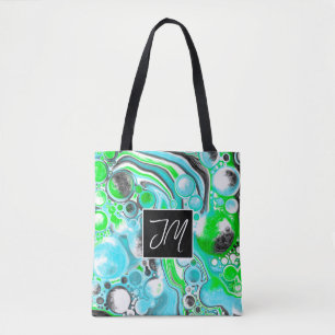 Tote Bag Aqua Blue et Lime Green Bubles Marble Fluid Art