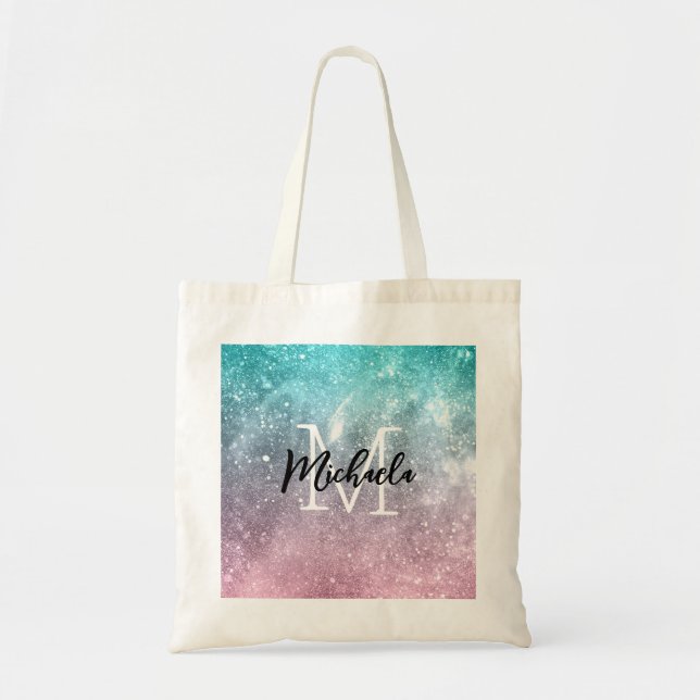 Tote Bag Aqua blue Pink ombre mer galaxie abstraite Monogra (Devant)
