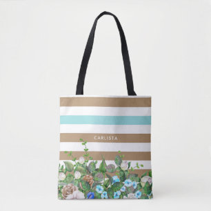 Tote Bag Aqua élégant et floral bronzage et rayures avec