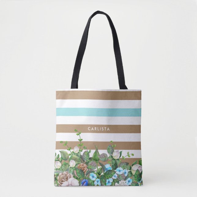 Tote Bag Aqua élégant et floral bronzage et rayures avec le (Devant)