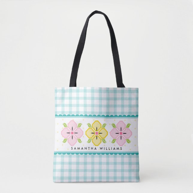 Tote Bag Aqua En vichy Floral Monogrammé (Devant)