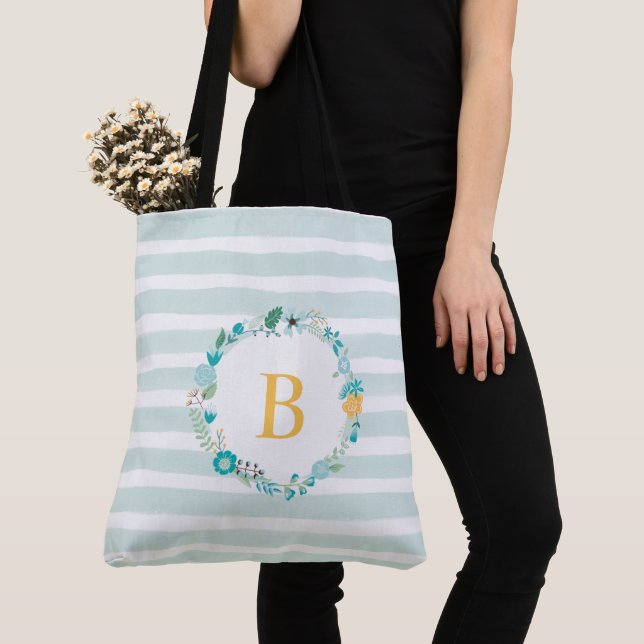Tote Bag Aqua et Yellow Monogramme Floral Wreath (De près)