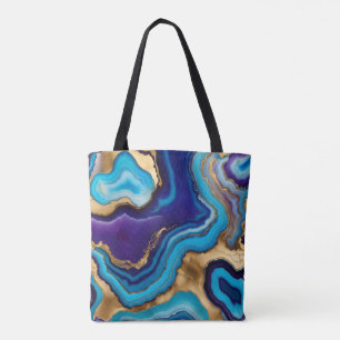 Tote Bag Aqua Gold Blue Purple Veins Agate