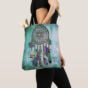 Tote Bag Aqua Grunge Boho Style Dreamcatcher