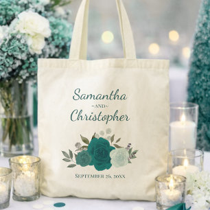 Tote Bag Aqua & Teal Boho Roses Noms des Mariés Mariage 