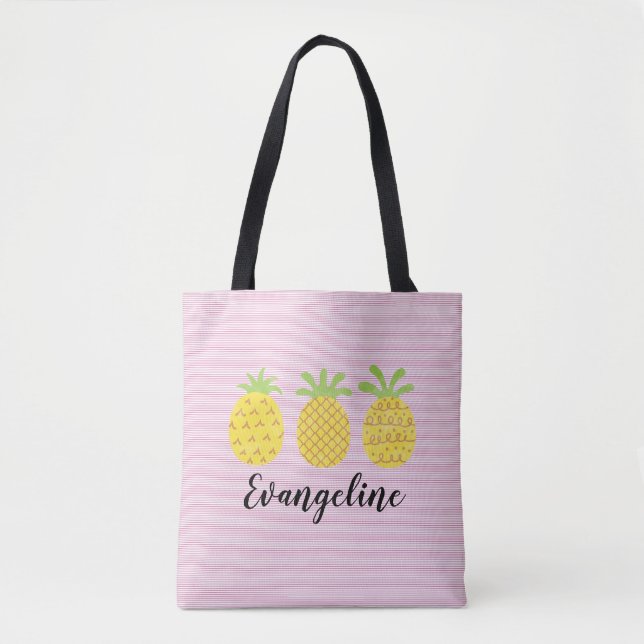 Tote Bag Aquarelle ananas trio avec rose rayé (Devant)