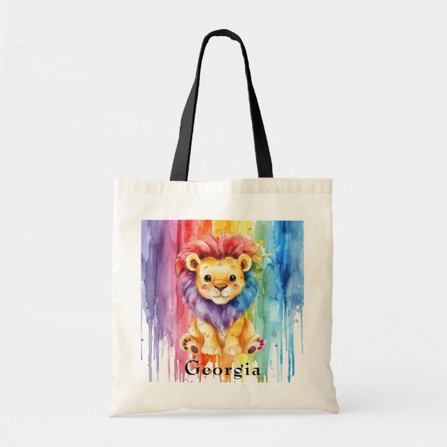 Tote Bag Aquarelle arc-en-ciel Peinture Lion personnalisé (Devant)